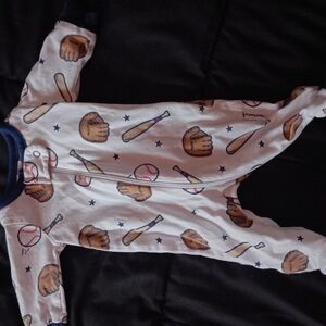 Baseball Print Baby Footed Zipper Pajamas - White & Navy